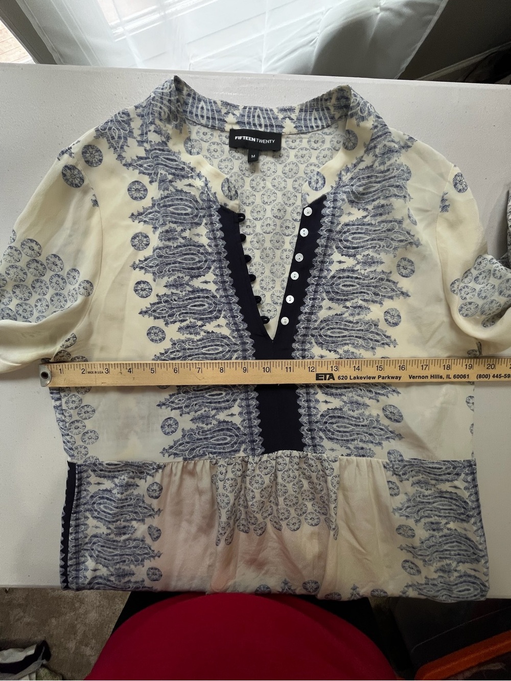 Fifteen Twenty 100% Silk Blue Ivory Boho Print Tunic Blouse size Medium - Picture 7 of 7